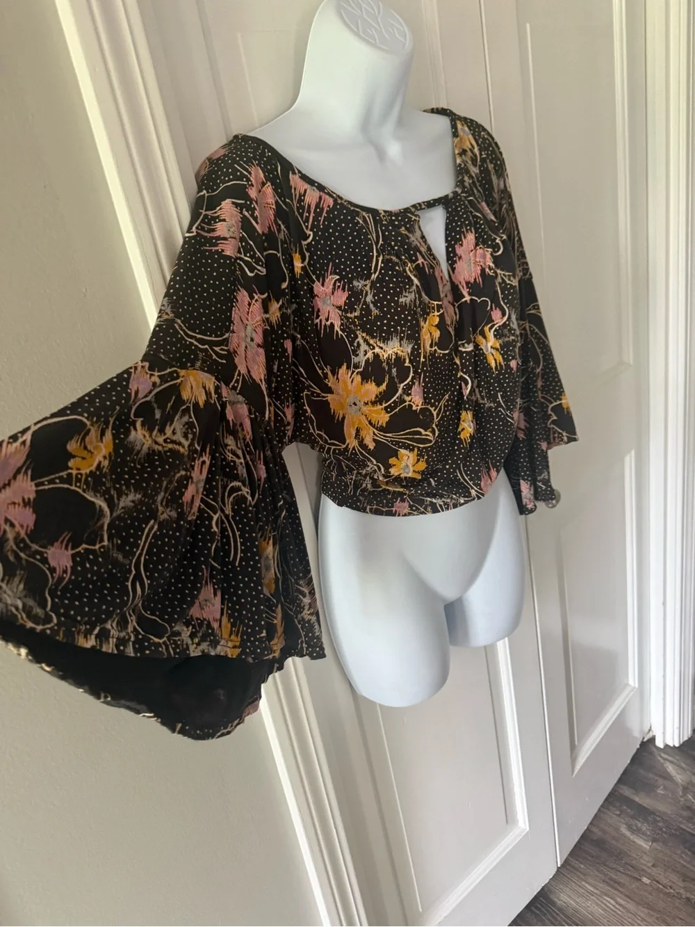 Free People Black Floral Keyhole Bell Sleeve Top with Pink & Yellow Accents